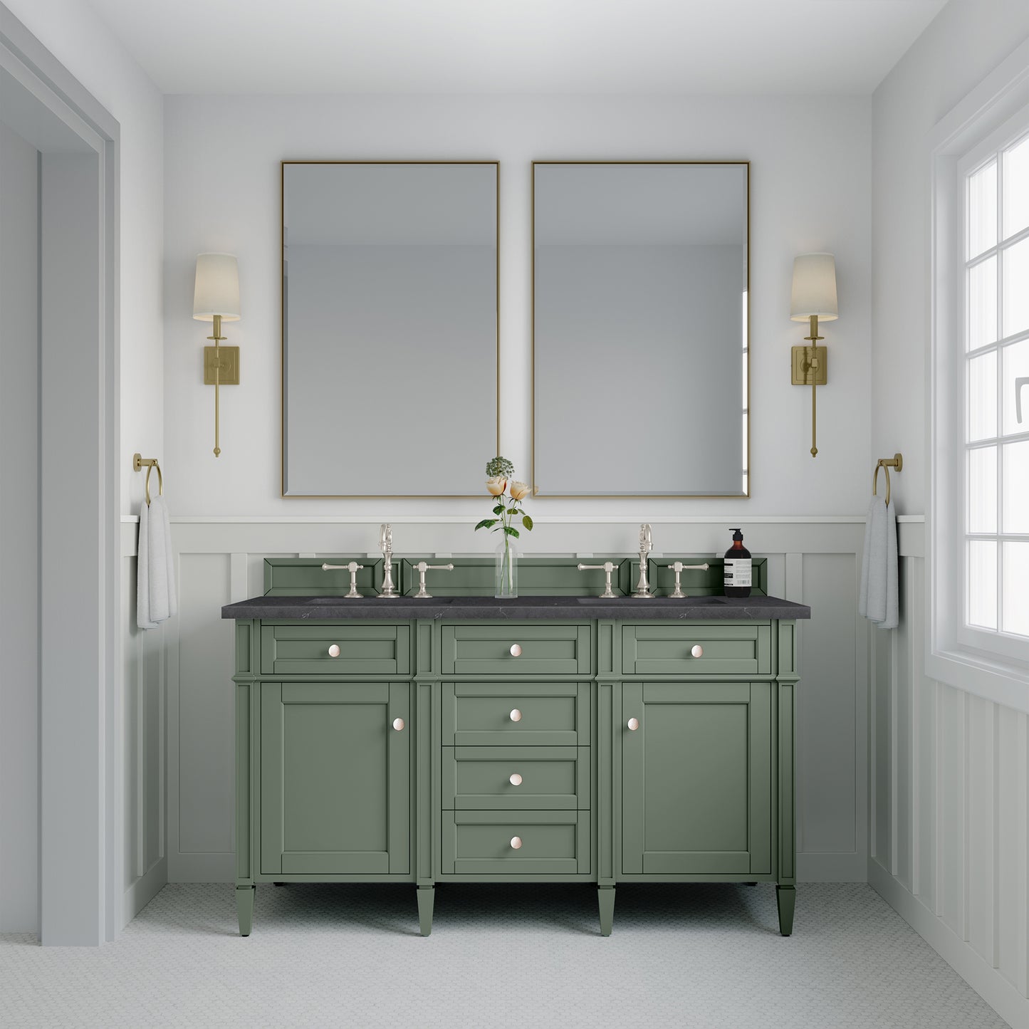 Brittany 60" Double Vanity, Smokey Celadon w/ 3 CM Charcoal Soapstone Top