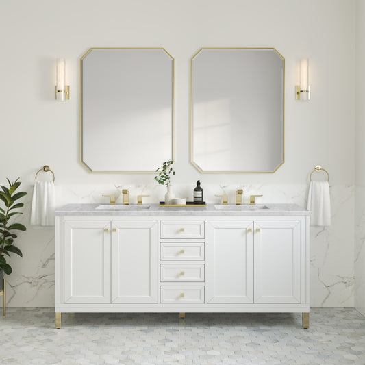 Chicago 72" Double Vanity, Glossy White w/ 3 CM Carrara Marble Top