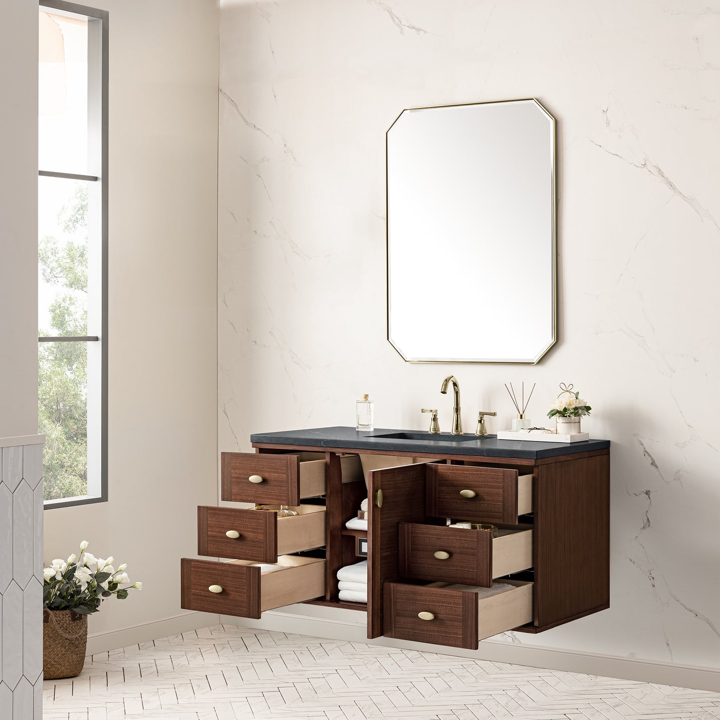 Amberly 48" Single Vanity, Mid-Century Walnut w/ 3 CM Charcoal Soapstone Top