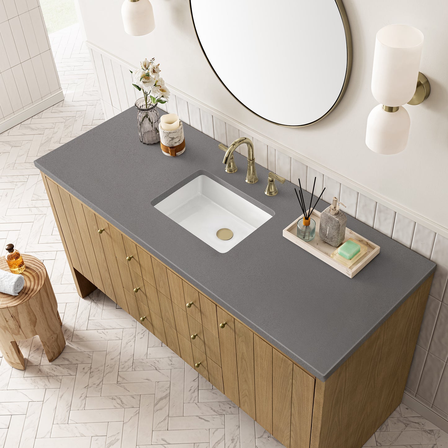 Hudson 60" Single Vanity, Light Natural Oak w/ 3 CM Grey Expo Top