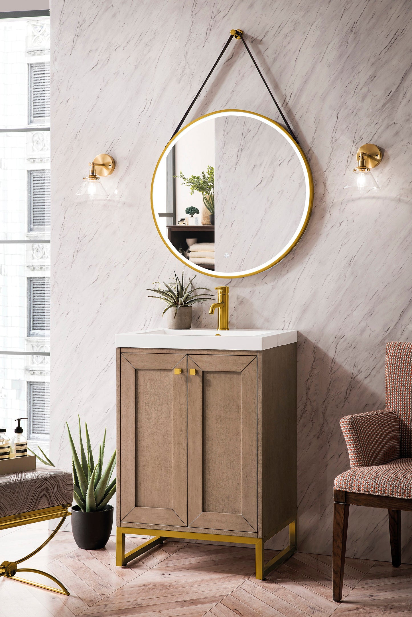 Chianti 24" Single Vanity, Whitewashed Walnut, Radiant Gold, w/ White Glossy Composite Stone Top