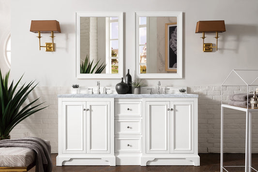 De Soto 72" Double Vanity, Bright White w/ 3 CM Carrara Marble Top