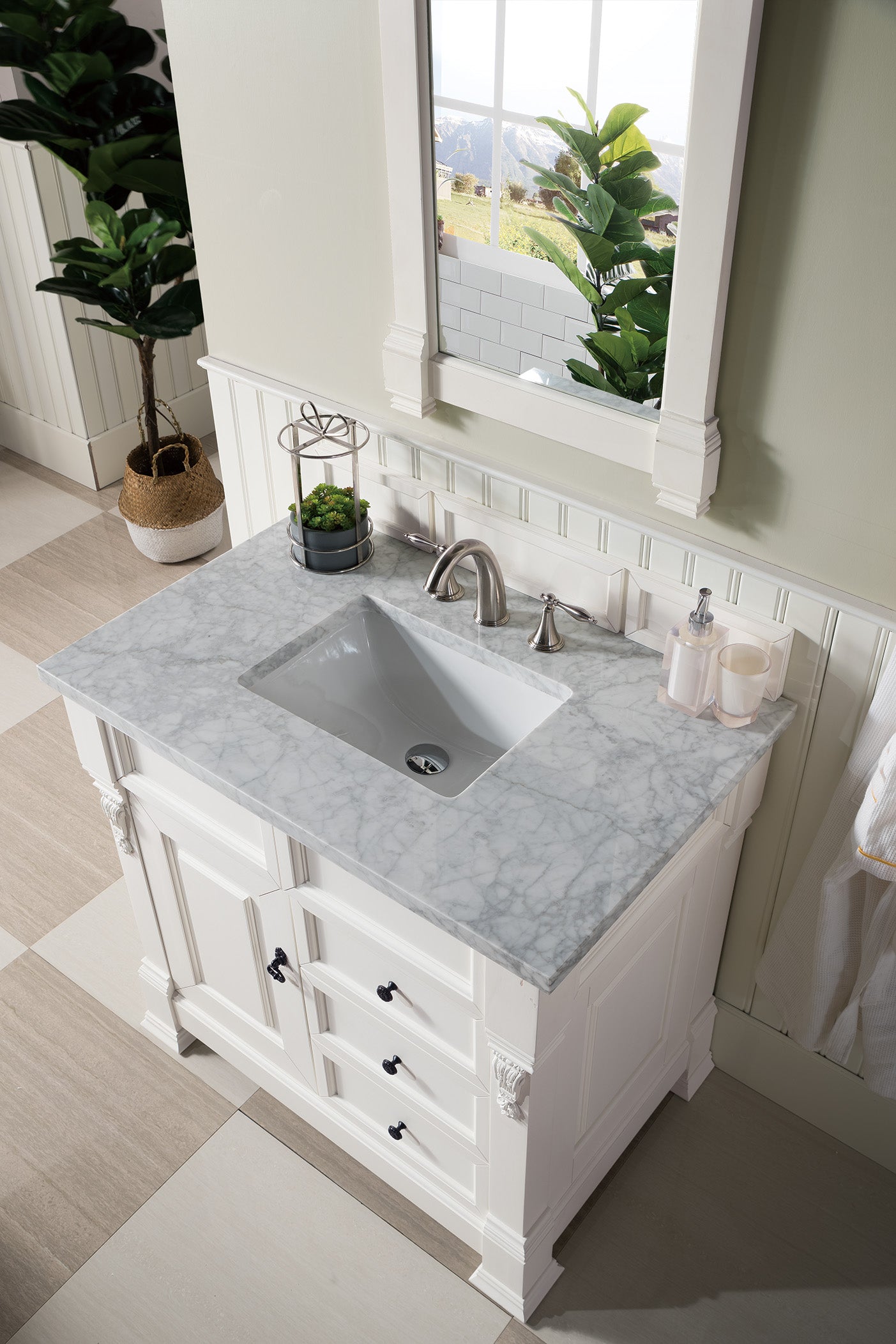 Brookfield 36" Single Vanity, Bright White w/ 3 CM Carrara Marble Top