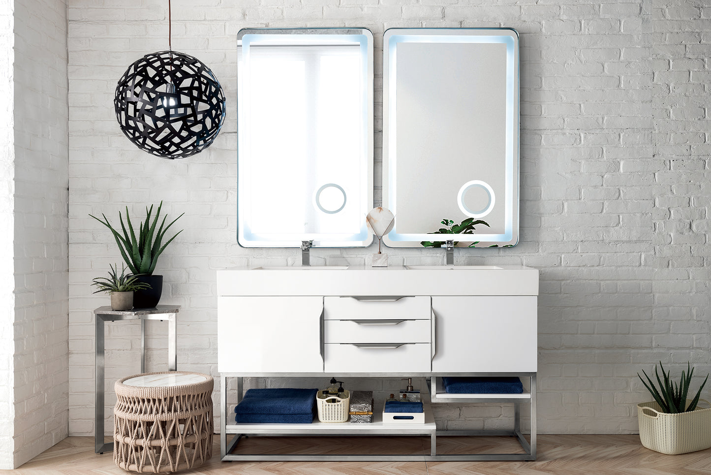 Columbia 59" Double Vanity, Glossy White w/ Glossy White Composite Stone Top