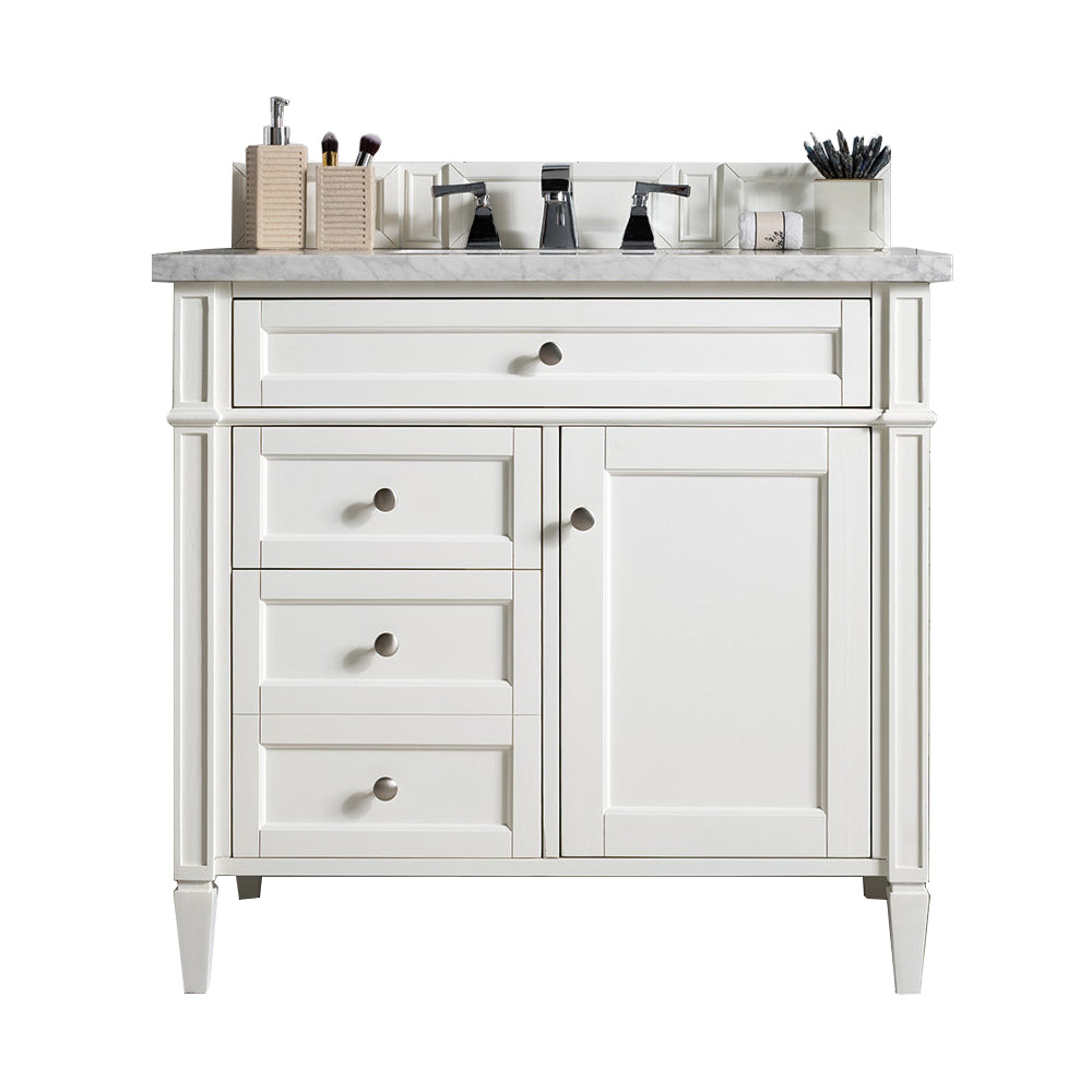 Brittany 36" Single Vanity, Bright White w/ 3 CM Carrara Marble Top