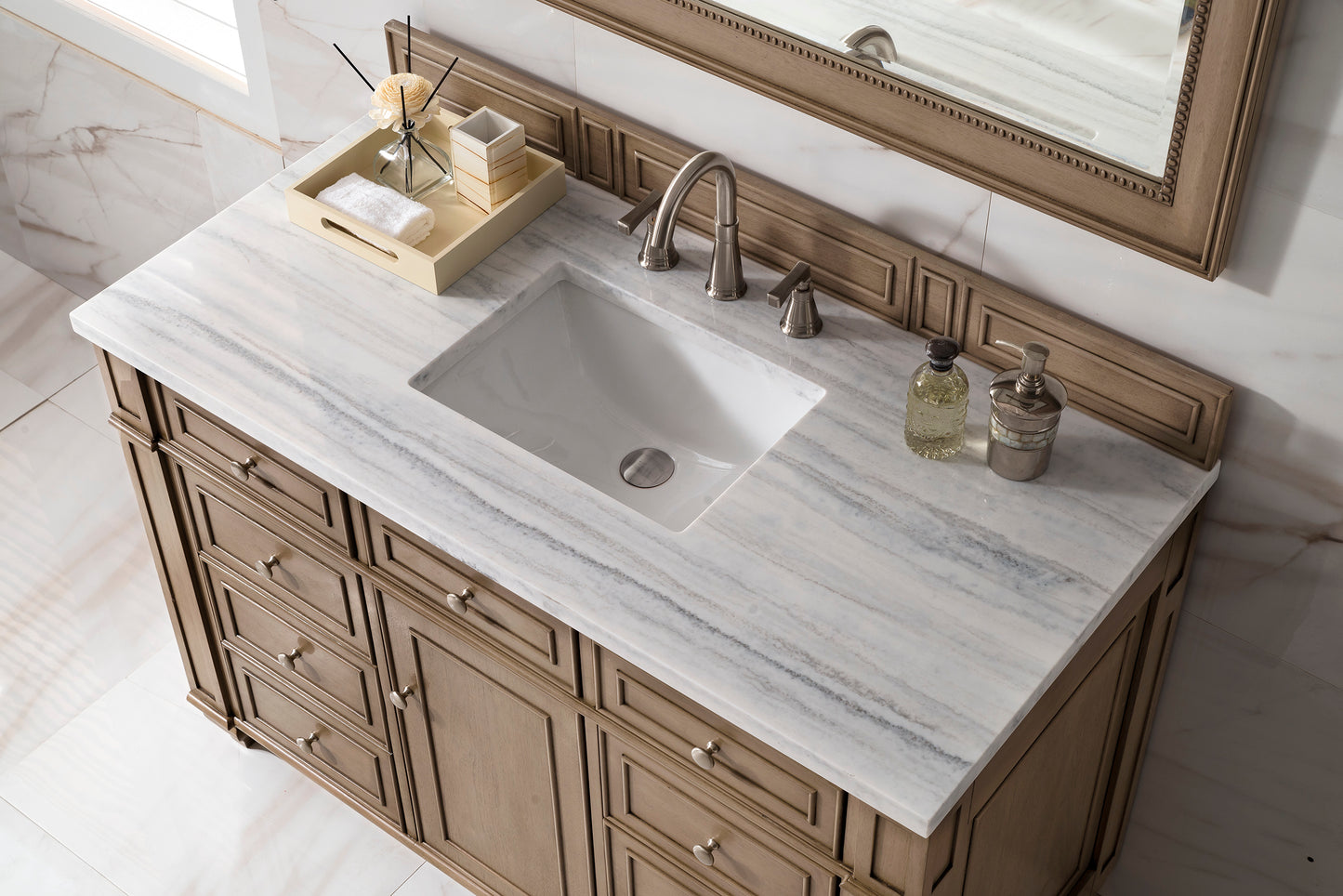 Bristol 48" Single Vanity, Whitewashed Walnut w/ 3 CM Arctic Fall Solid Surface Top