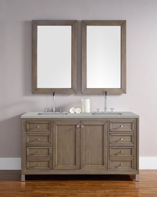 Chicago 60" Double Vanity, Whitewashed Walnut w/ 3 CM Eternal Serena Quartz Top