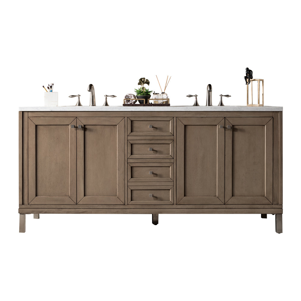 Chicago 72" Double Vanity, Whitewashed Walnut w/ 3 CM Eternal Jasmine Pearl Quartz Top