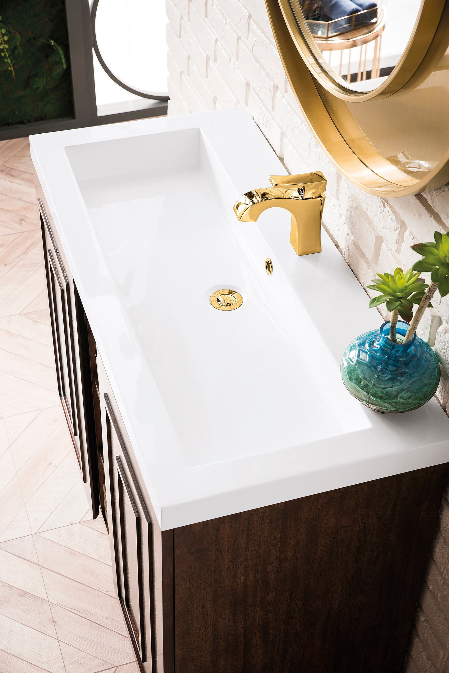 Alicante 39.5" Single Vanity, Mid-Century Acacia, Radiant Gold w/ White Glossy Composite Stone Top