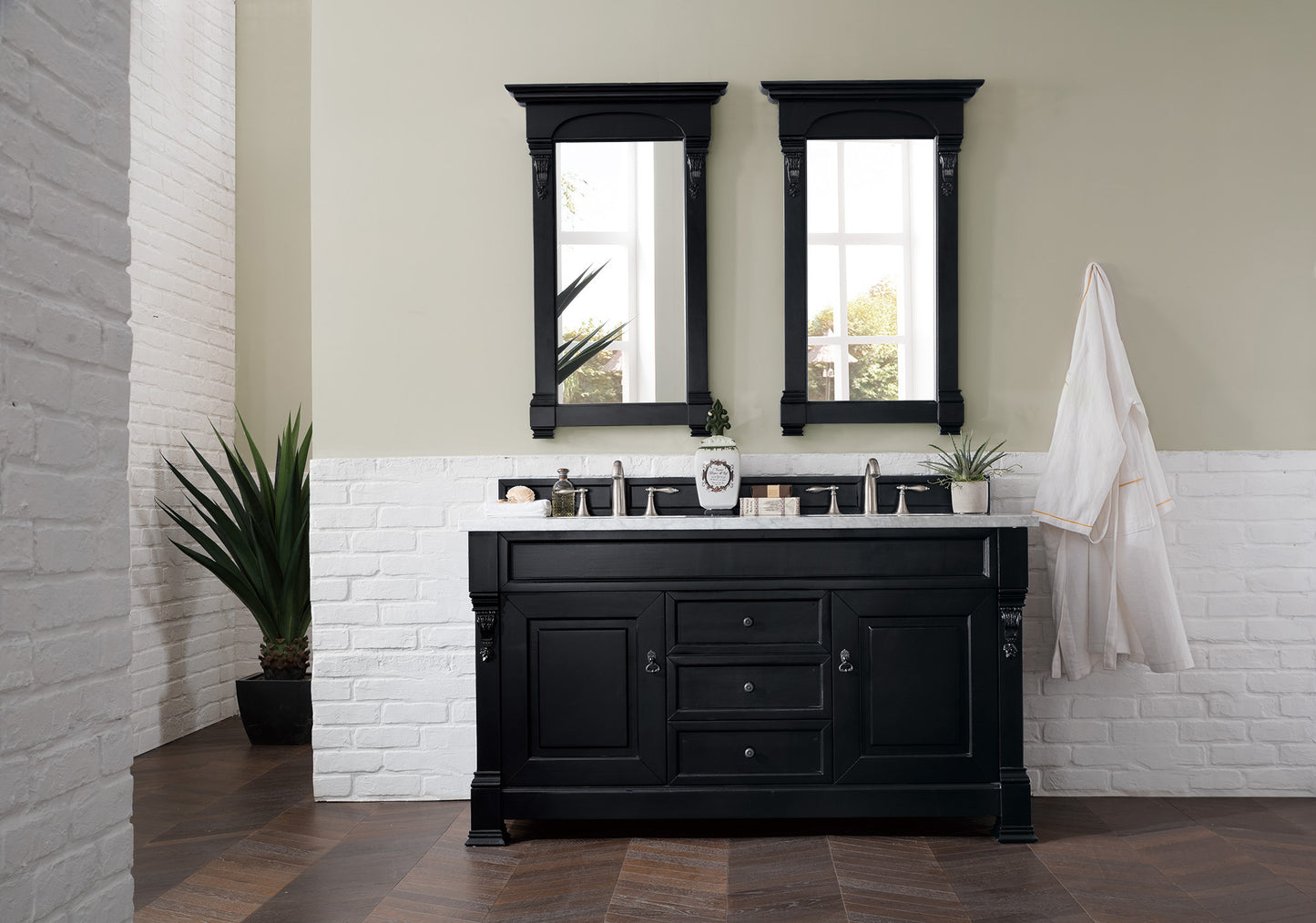 Brookfield 60" Double Vanity, Antique Black w/ 3 CM Carrara Marble Top