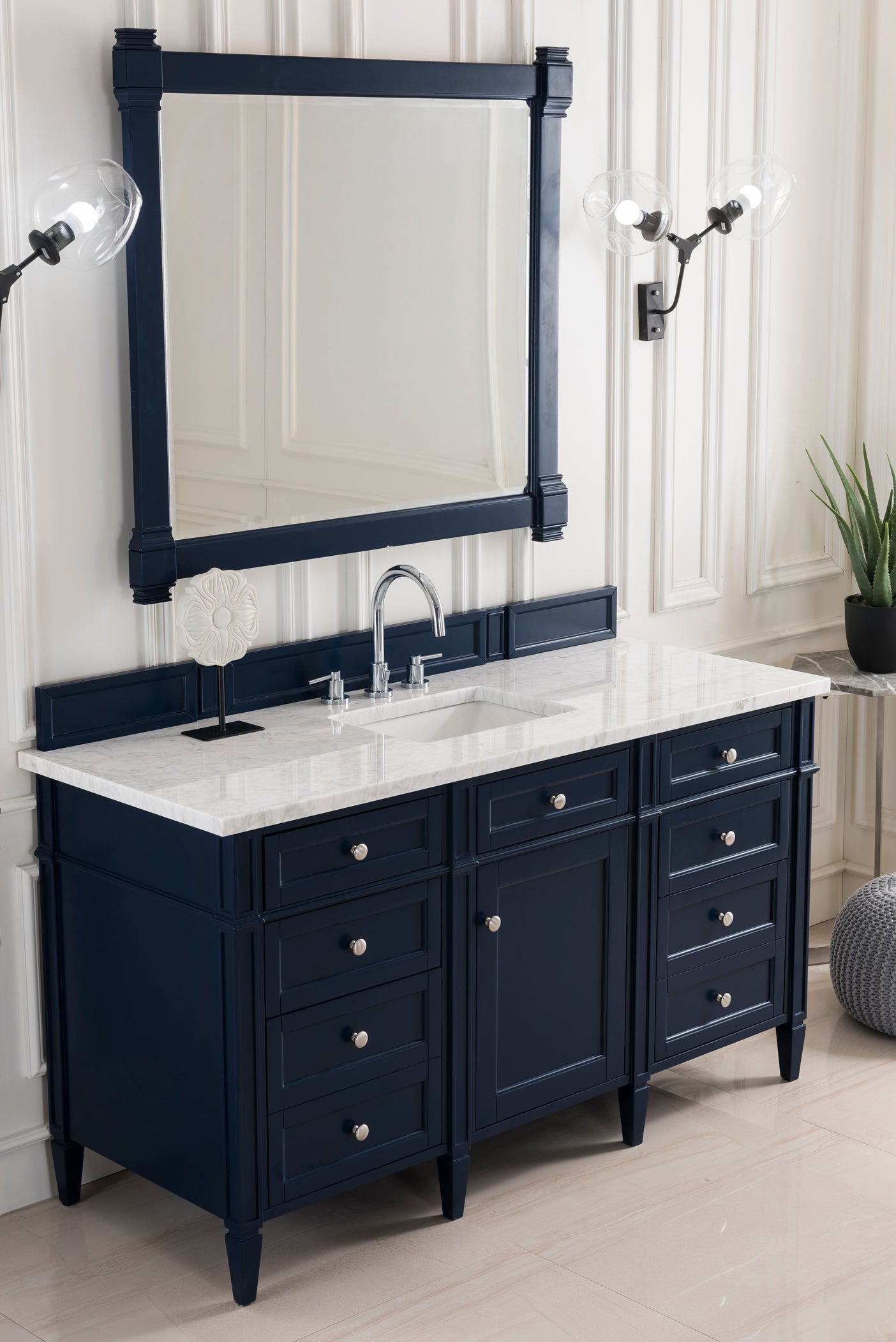 Brittany 60" Single Vanity, Victory Blue w/ 3 CM Carrara Marble Top