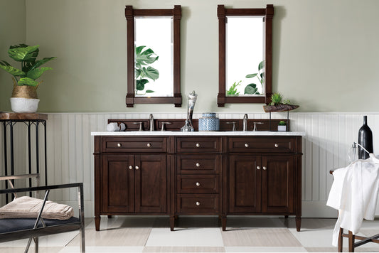 Brittany 72" Double Vanity, Burnished Mahogany w/ 3 CM Carrara Marble Top