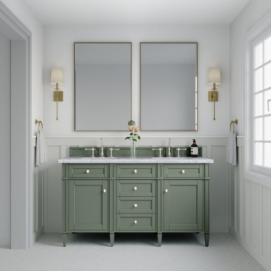 Brittany 60" Double Vanity, Smokey Celadon w/ 3 CM Carrara Marble Top