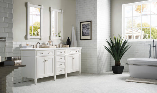 Brittany 72" Double Vanity, Bright White Vanity w/ 3 CM White Zeus Quartz Top