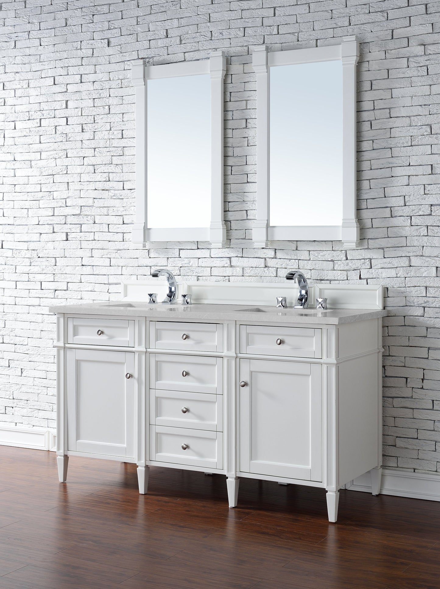 Brittany 60" Double Vanity, Bright White Vanity w/ 3 CM Eternal Serena Quartz Top