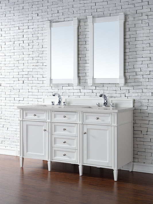 Brittany 60" Double Vanity, Bright White Vanity w/ 3 CM Eternal Serena Quartz Top