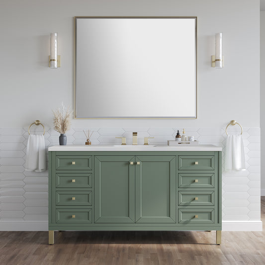 Chicago 60" Single Vanity, Smokey Celadon w/ 3 CM White Zeus Top