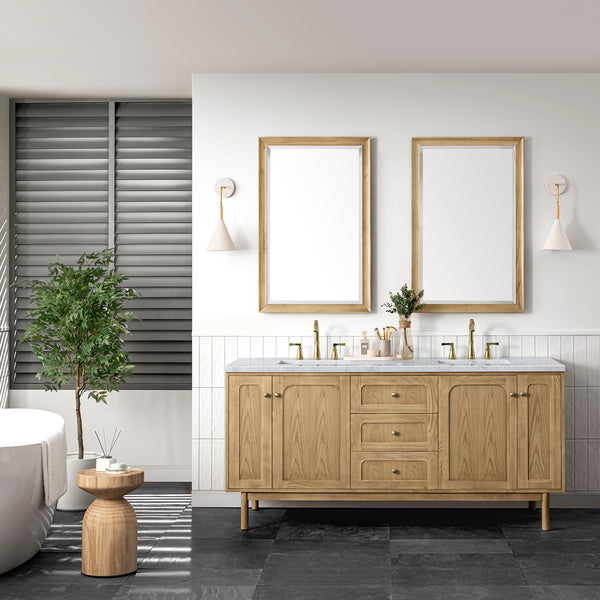 Laurent 72 Double Vanity, Light Natural Oak w/ 3 CM Carrara Marble Top