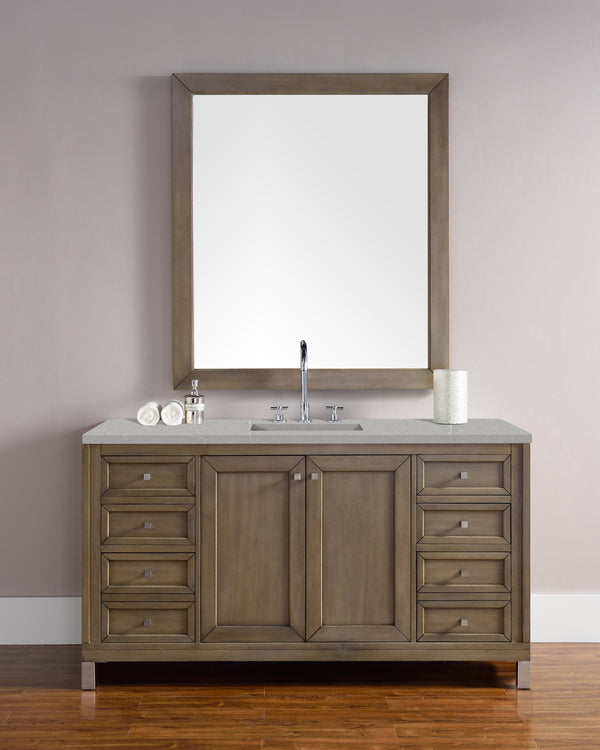 Chicago 60 Single Vanity, Whitewashed Walnut w/ 3 CM Eternal Serena Quartz Top