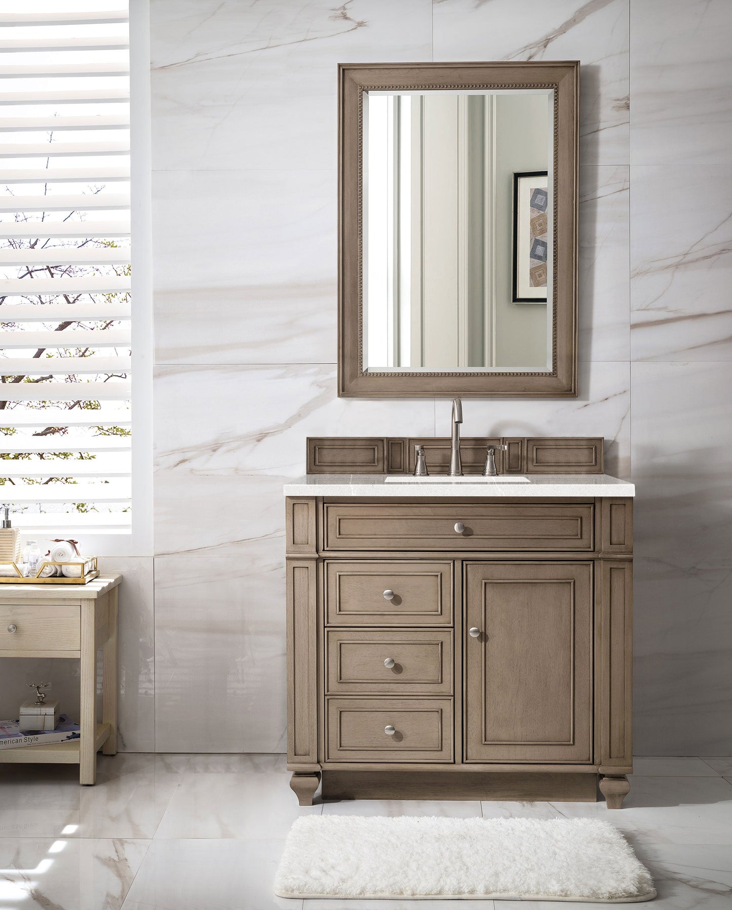 Bristol 36" Single Vanity, Whitewashed Walnut w/ 3 CM Eternal Serena Quartz Top