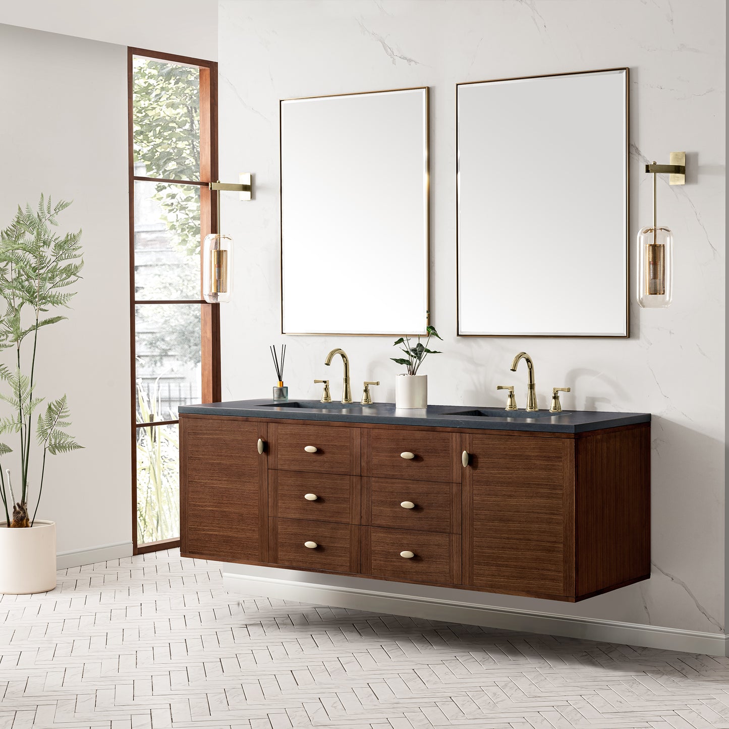 Amberly 72" Double Vanity, Mid-Century Walnut w/ 3 CM Charcoal Soapstone Top