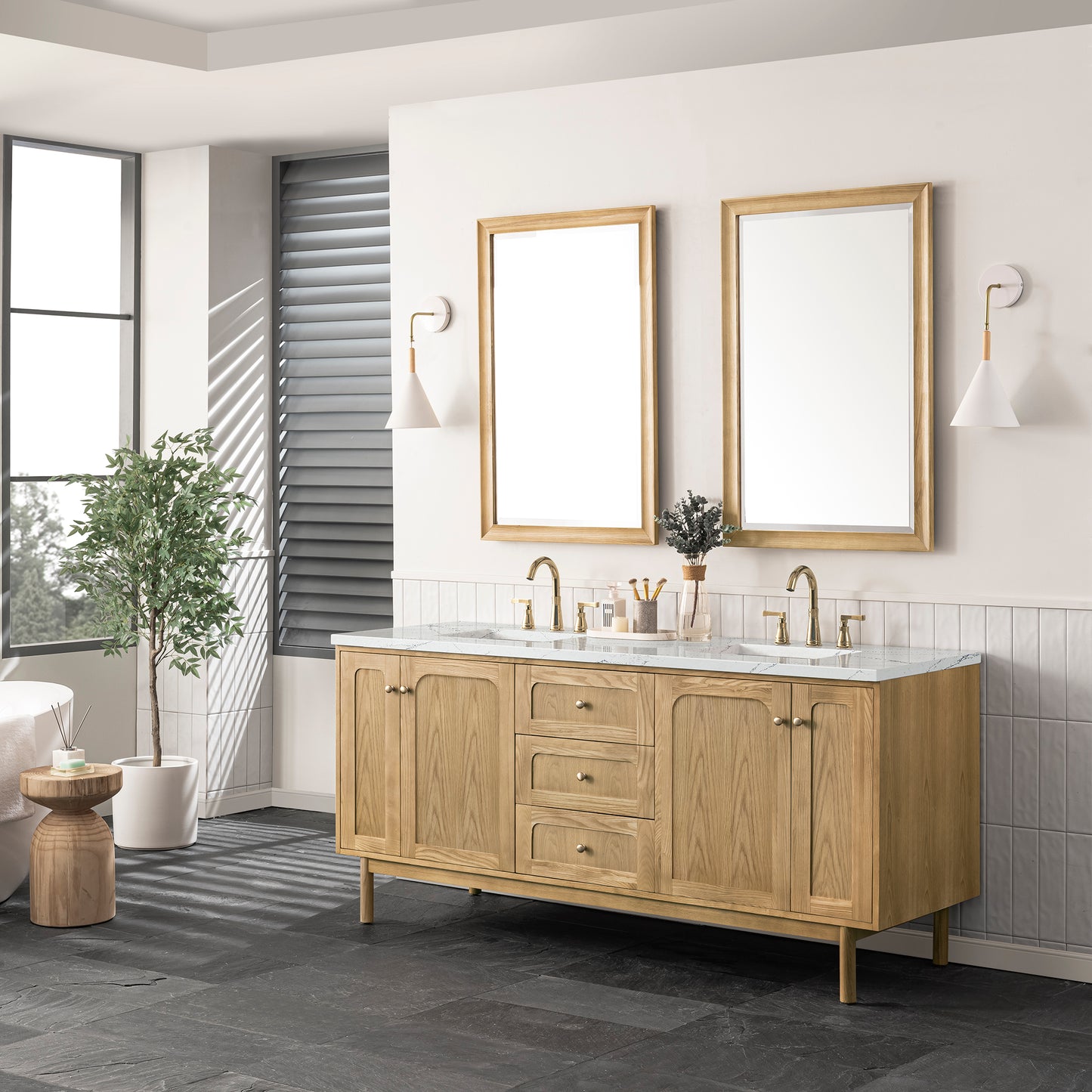 Laurent 72" Double Vanity, Light Natural Oak w/ 3 CM Ethereal Noctis Top