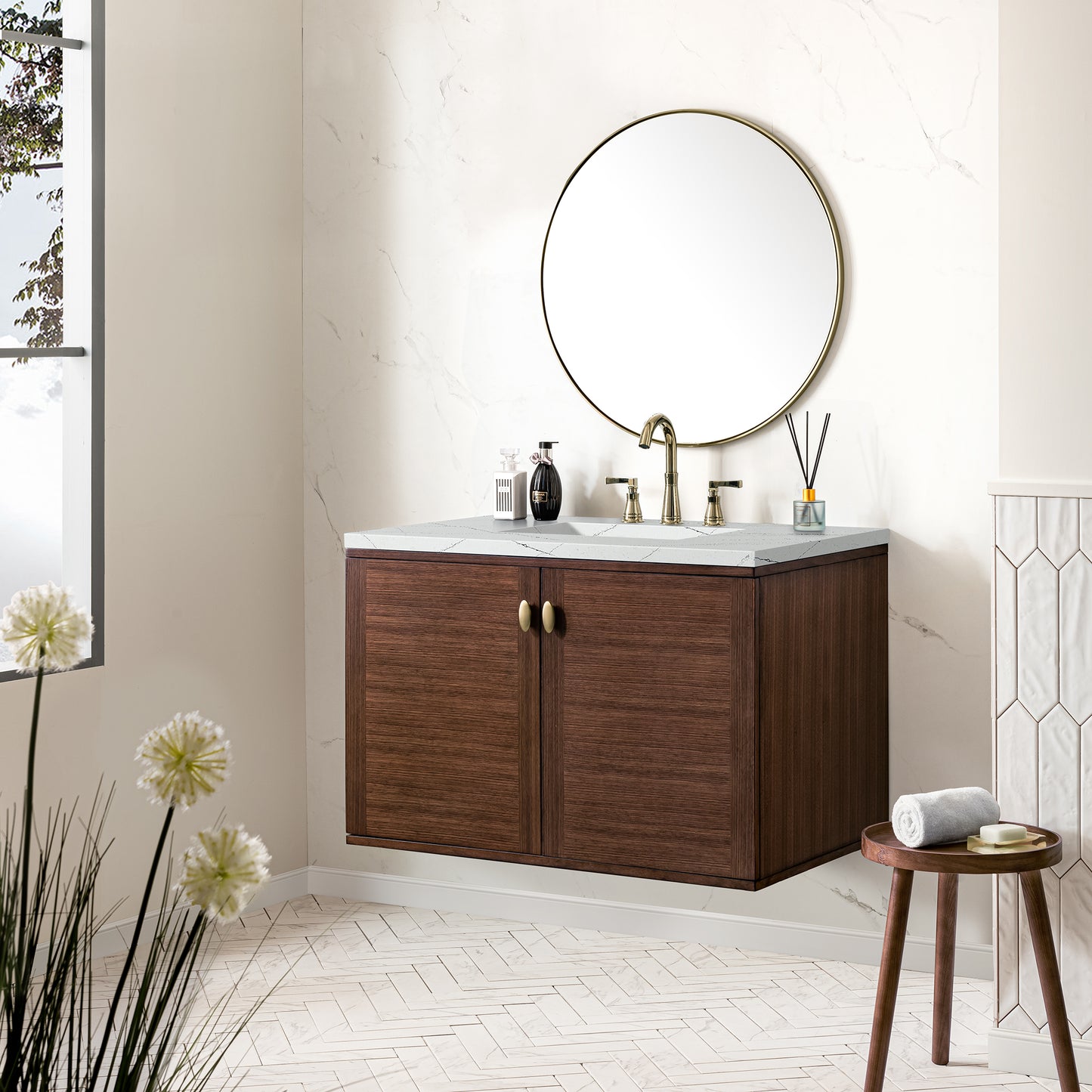 Amberly 36" Single Vanity, Mid-Century Walnut w/ 3 CM Ethereal Noctis Top