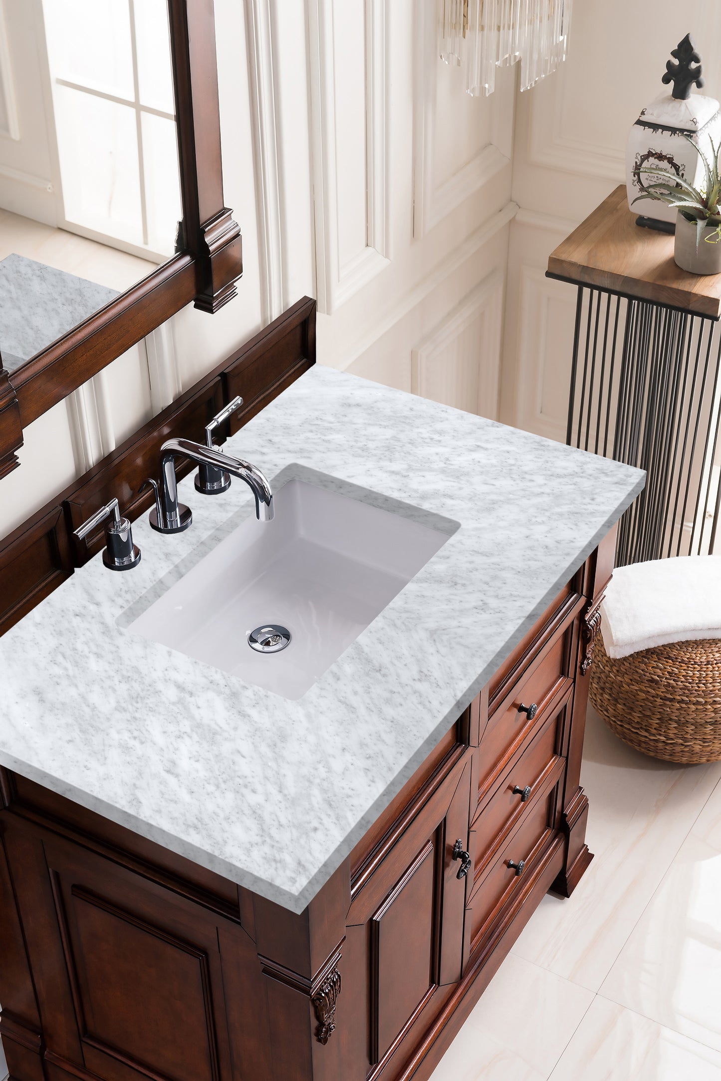 Brookfield 36" Single Vanity, Warm Cherry w/ 3 CM Carrara Marble Top