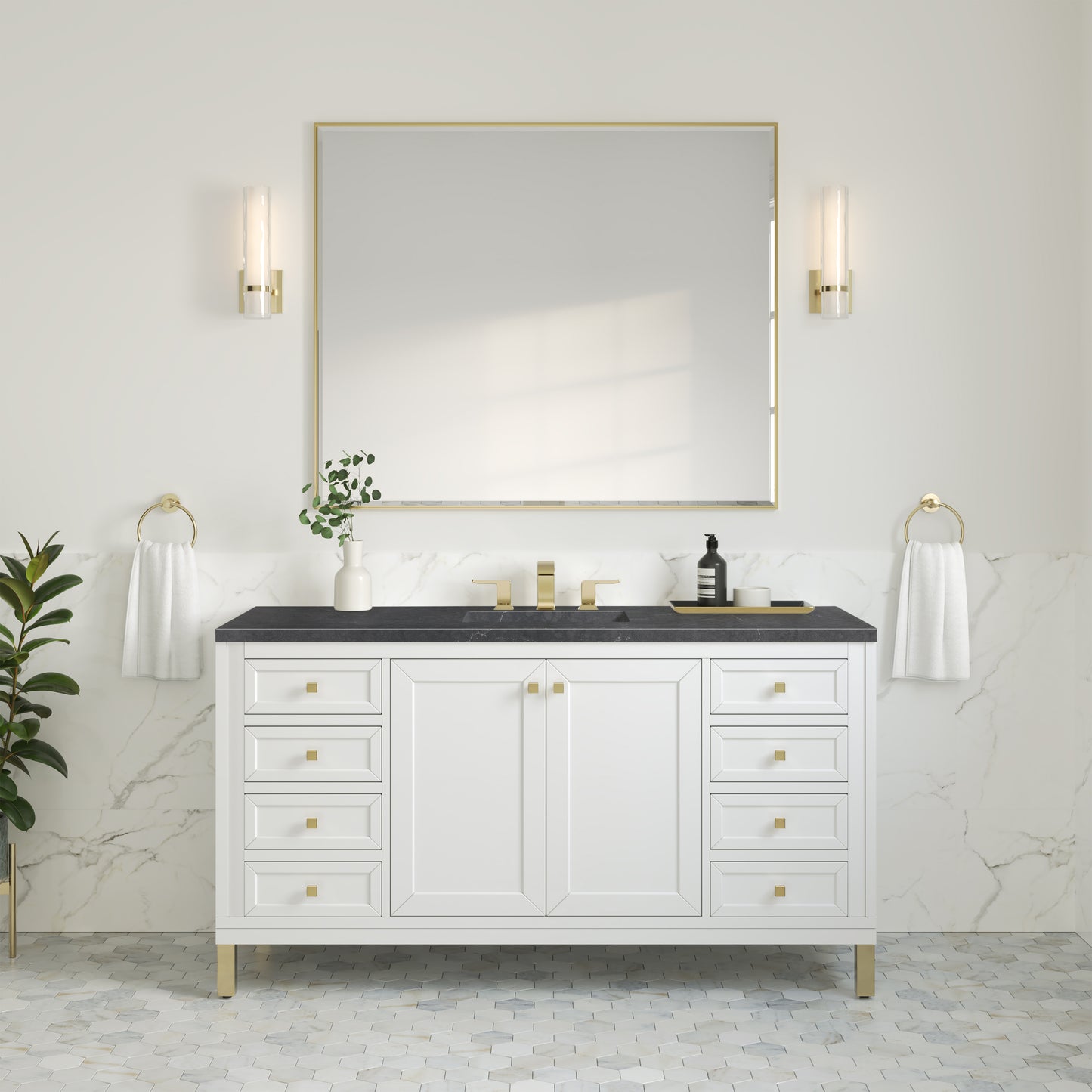 Chicago 60" Single Vanity, Glossy White w/ 3 CM Charcoal Soapstone Top