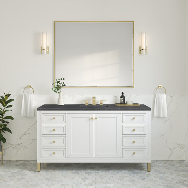 Chicago 60 Single Vanity, Glossy White w/ 3 CM Charcoal Soapstone Top