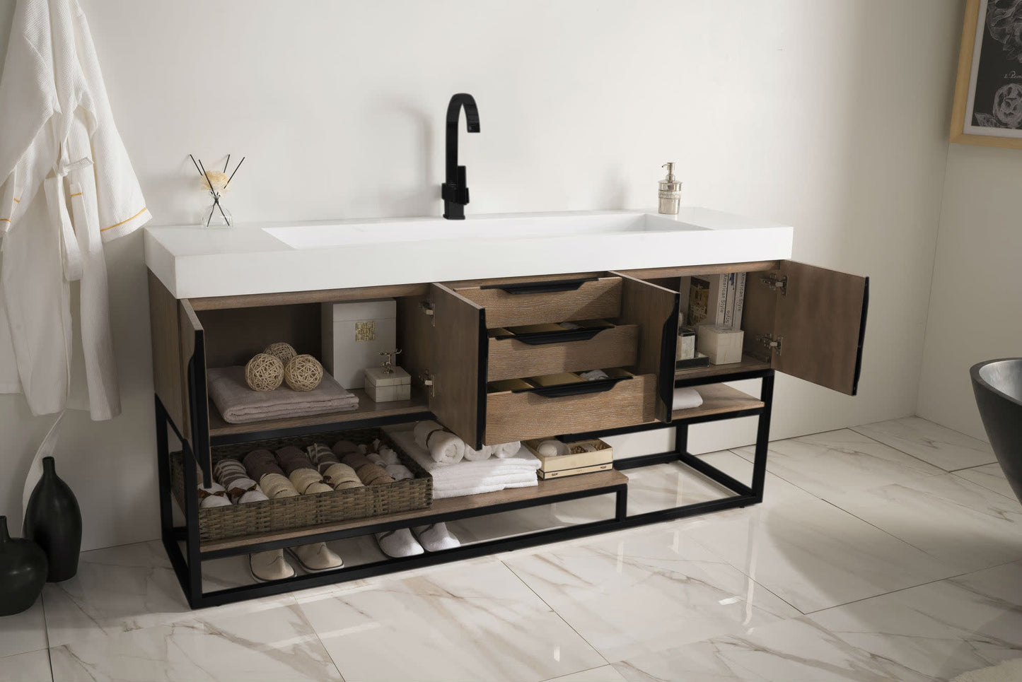 Columbia 72" Single Vanity, Latte Oak, Matte Black w/ Glossy White Composite Stone Top