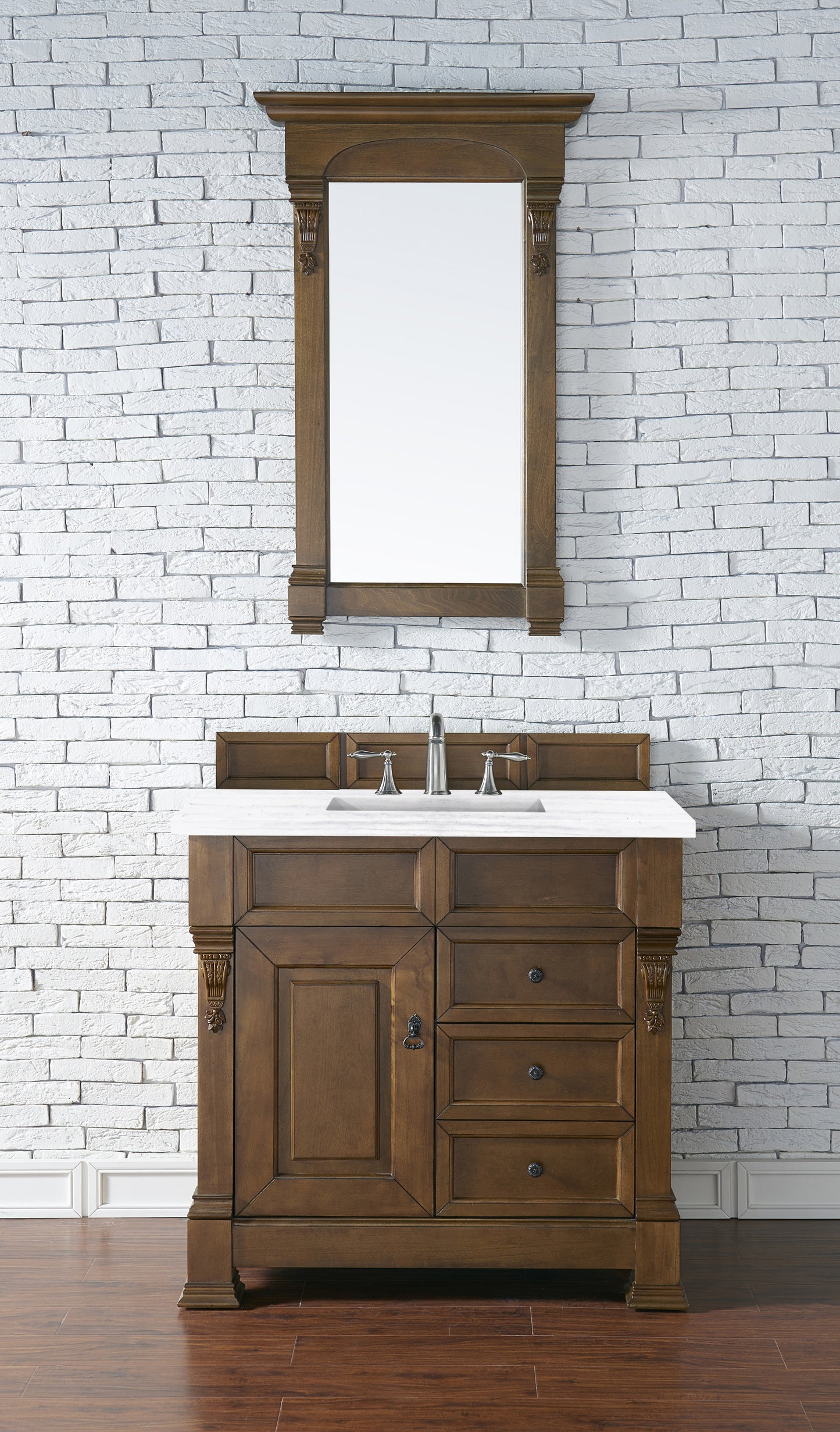 Brookfield 36" Single Vanity, Country Oak w/ 3 CM Arctic Fall Solid Surface Top