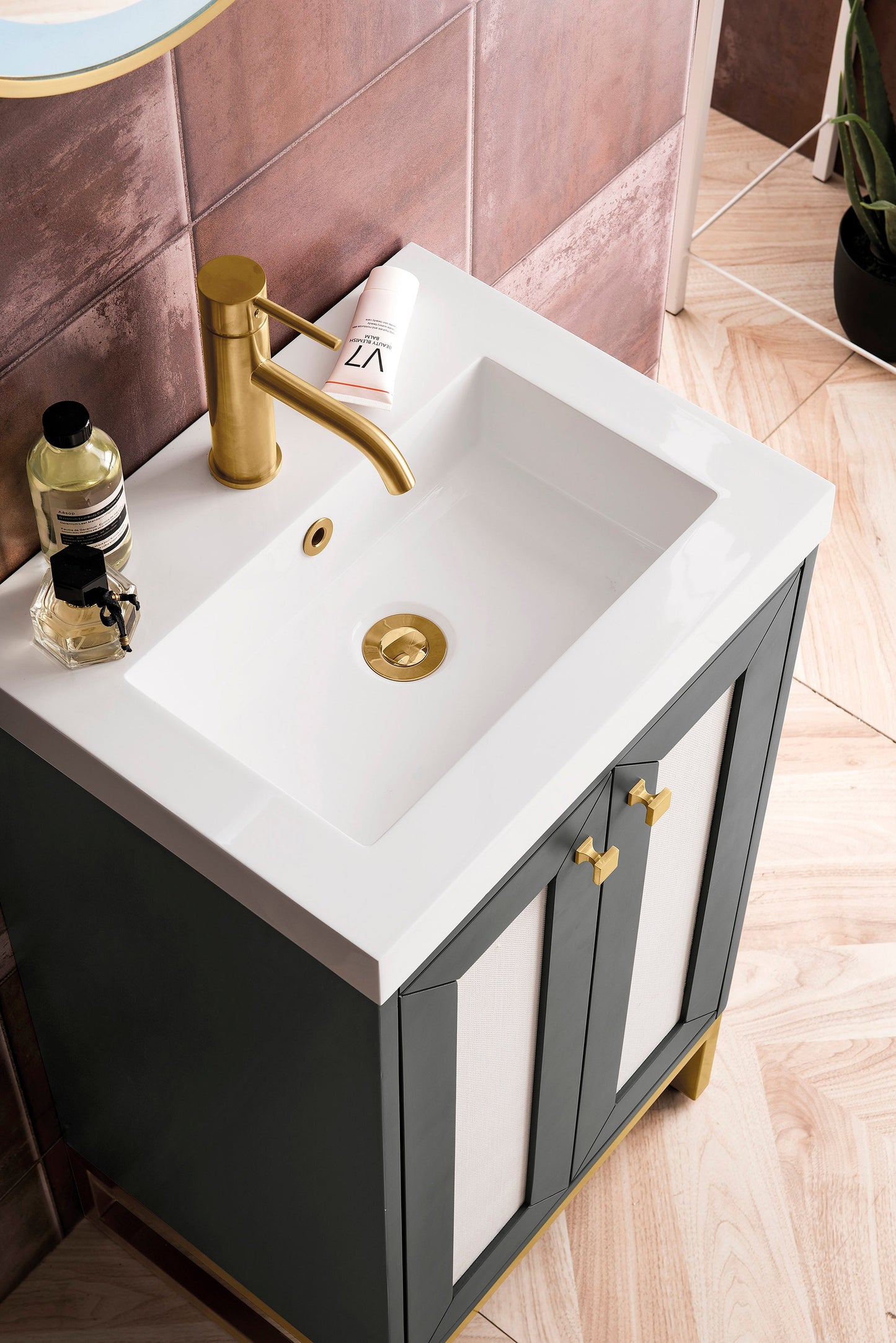 Chianti 20" Single Vanity, Mineral Gray, Radiant Gold, w/ White Glossy Composite Stone Top