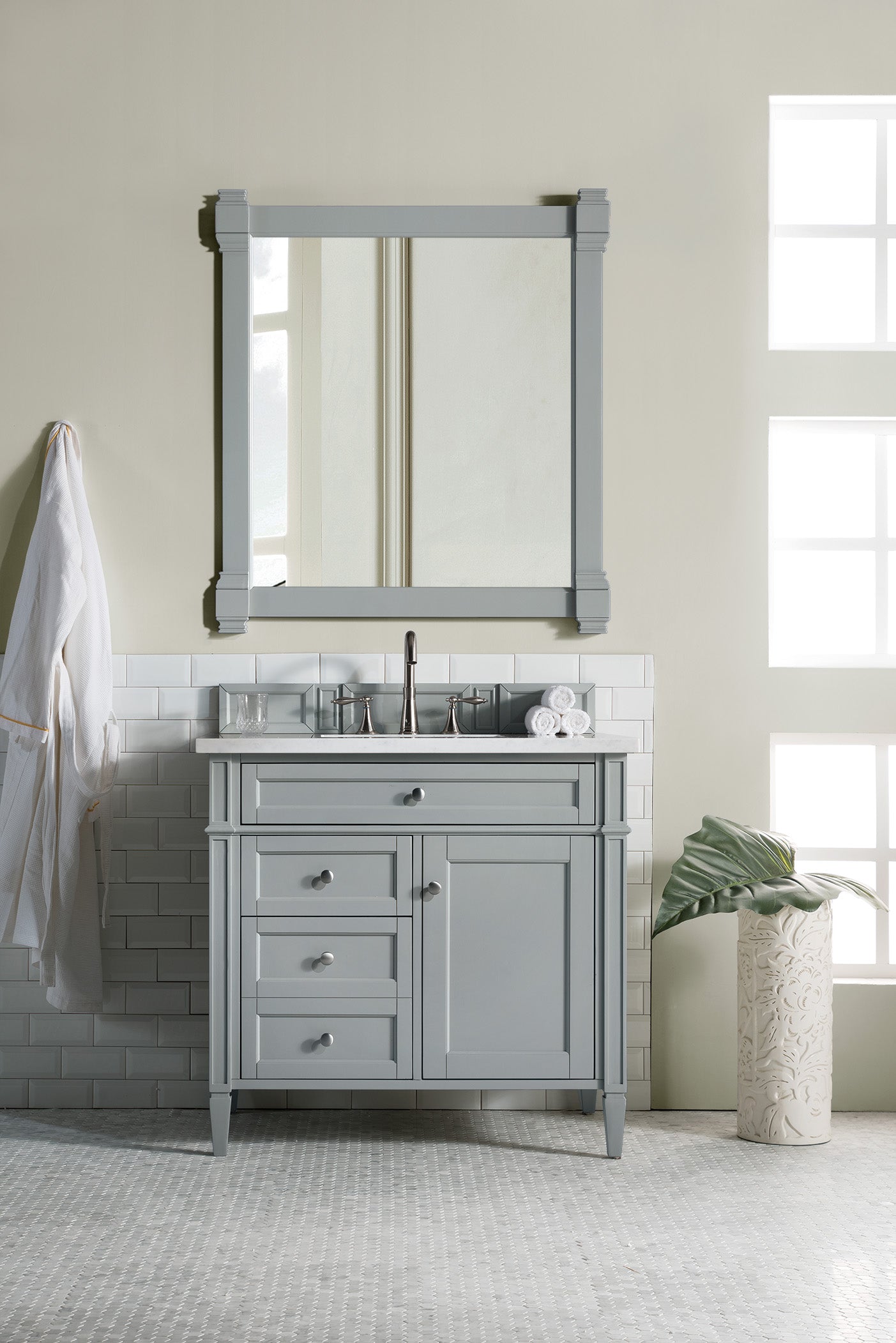 Brittany 36" Single Vanity, Urban Gray w/ 3 CM Arctic Fall Solid Surface Top