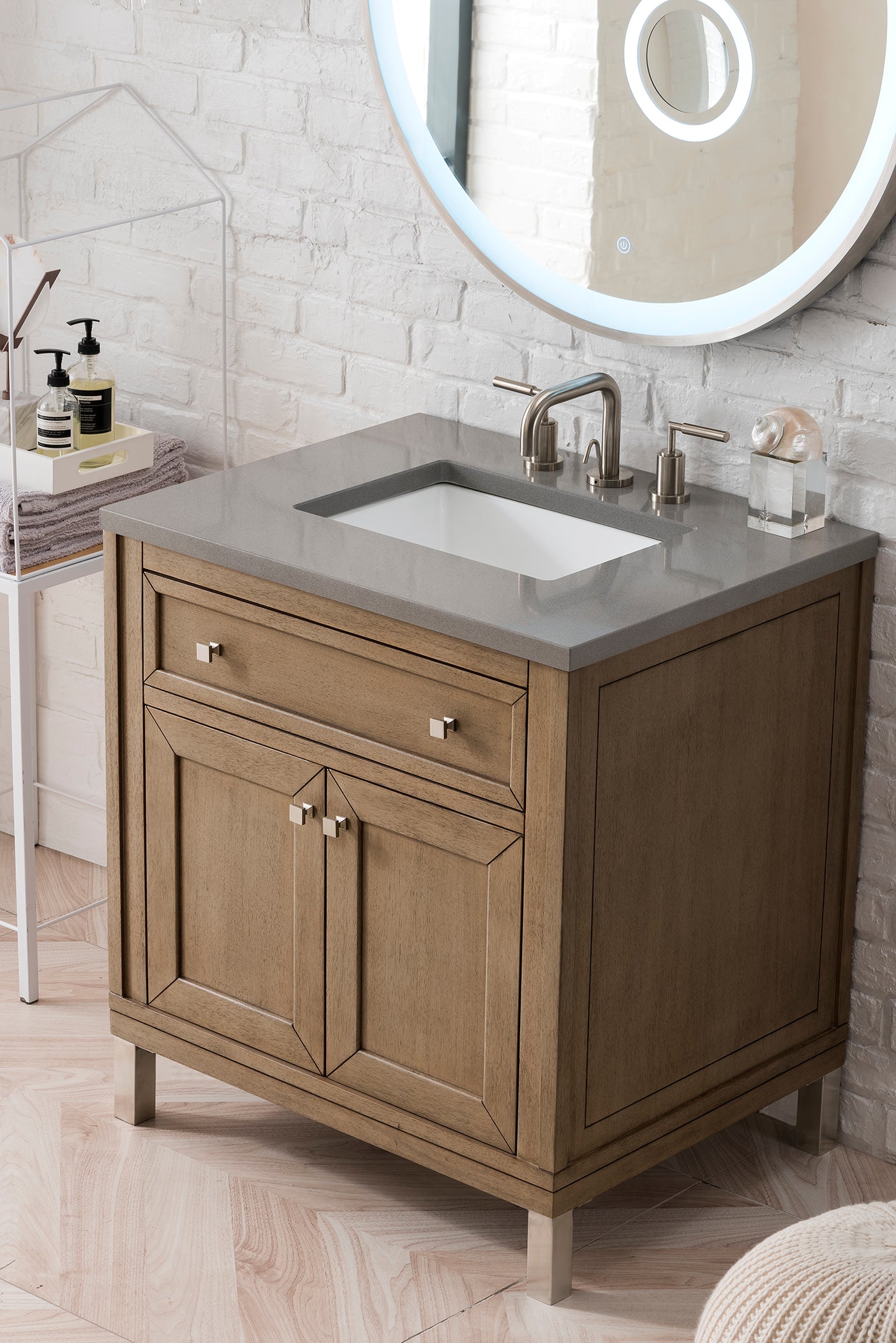 Chicago 30" Single Vanity, Whitewashed Walnut w/ 3 CM Grey Expo Quartz Top