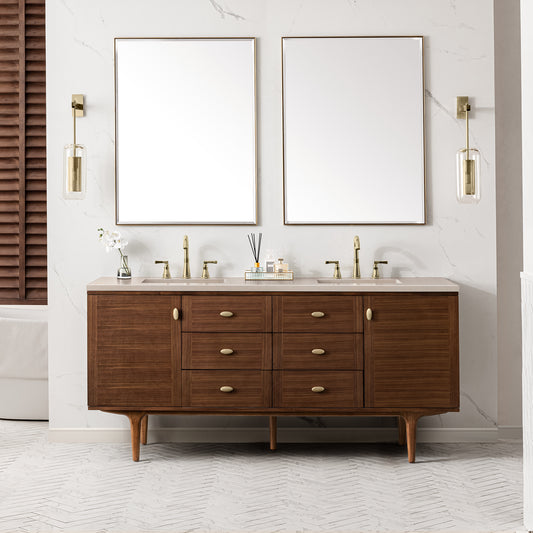 Amberly 72" Double Vanity, Mid-Century Walnut w/ 3 CM Eternal Marfil Top