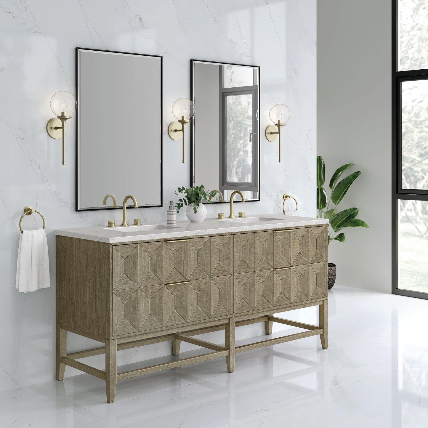 Emmeline 72" Double Vanity, Pebble Oak w/ 3 CM Eternal Jasmine Pearl Top