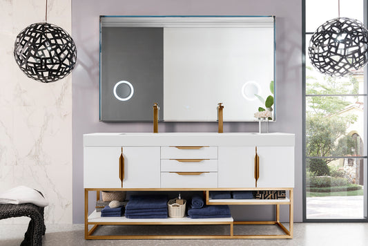 Columbia 72" Double Vanity, Glossy White, Radiant Gold w/ Glossy White Composite Stone Top