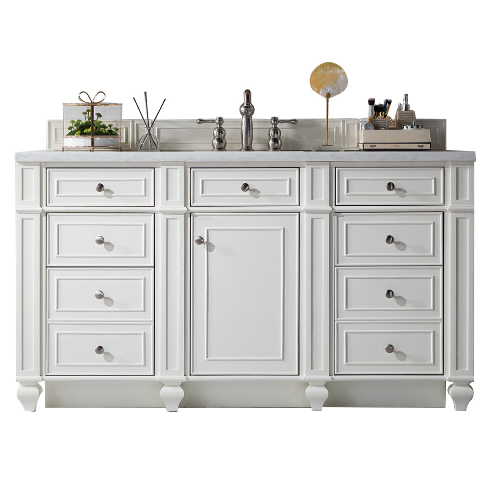 Bristol 60" Single Vanity, Bright White w/ 3 CM Carrara Marble Top