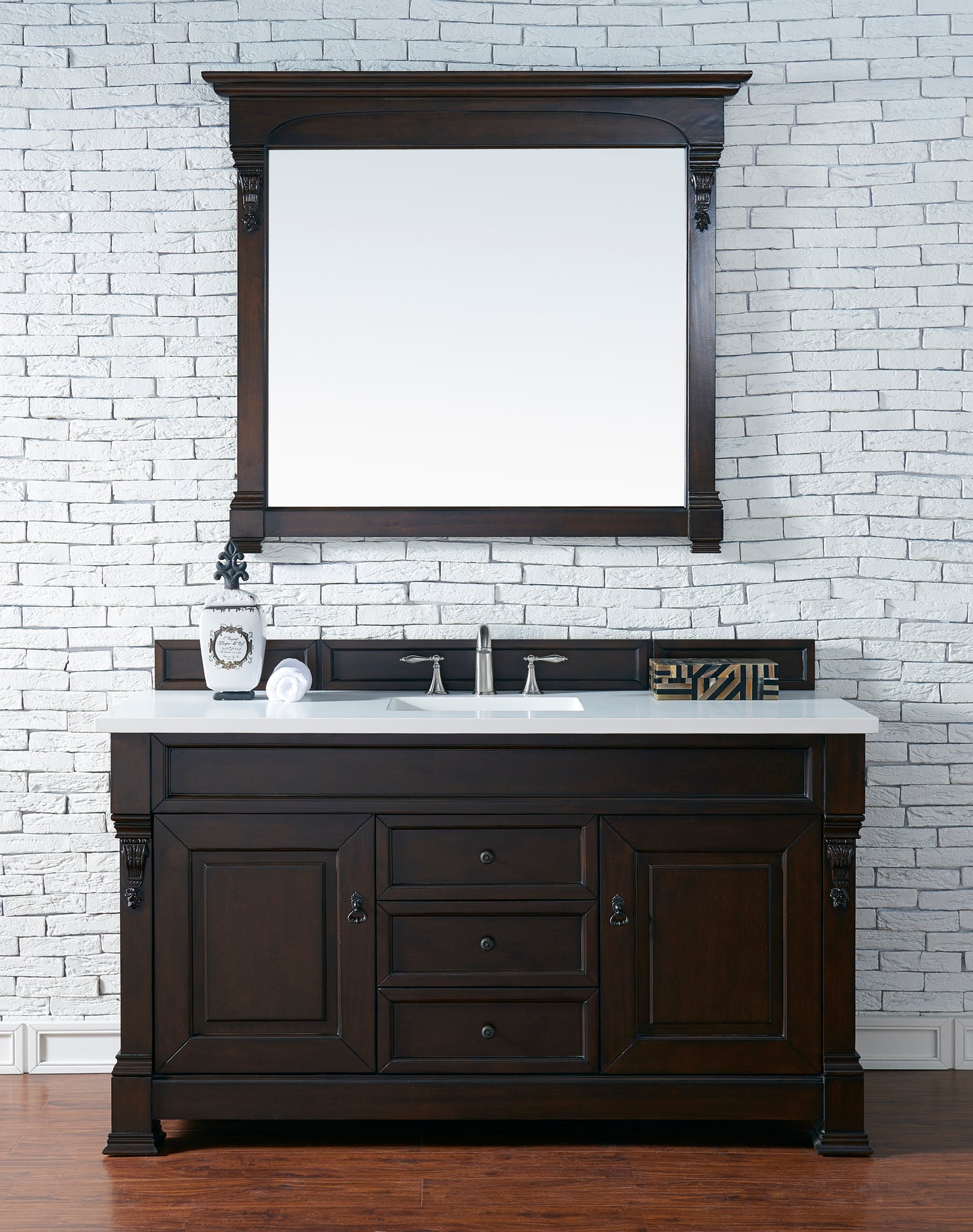 Brookfield 60" Single Vanity, Burnished Mahogany w/ 3 CM White Zeus Quartz Top