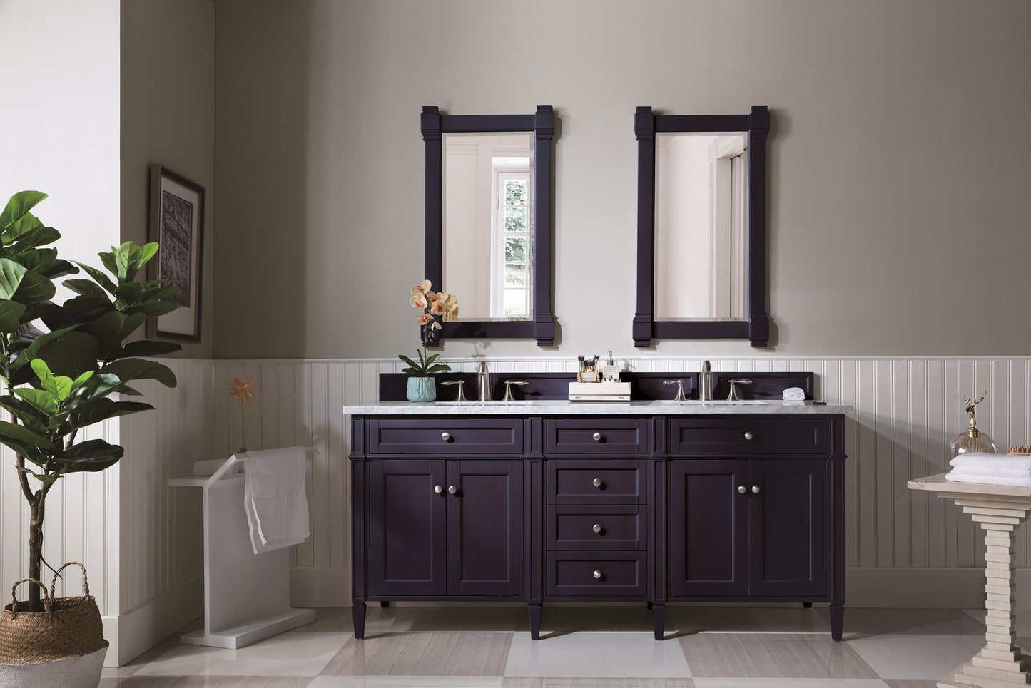 Brittany 72" Double Vanity, Victory Blue w/ 3 CM Carrara Marble Top