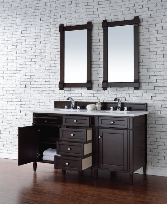 Brittany 60" Double Vanity, Burnished Mahogany w/ 3 CM White Zeus Quartz Top