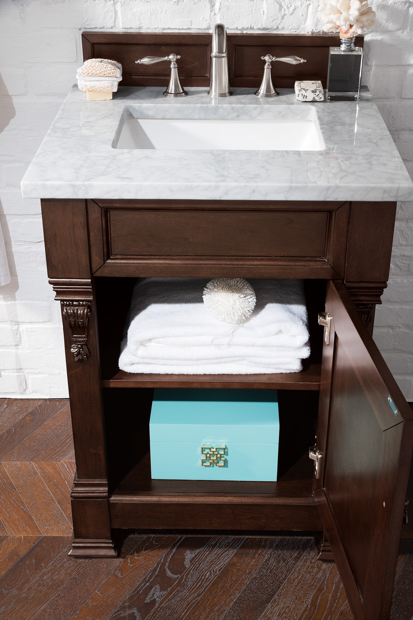 Brookfield 26" Single Vanity, Burnished Mahogany w/ 3 CM Carrara Marble Top