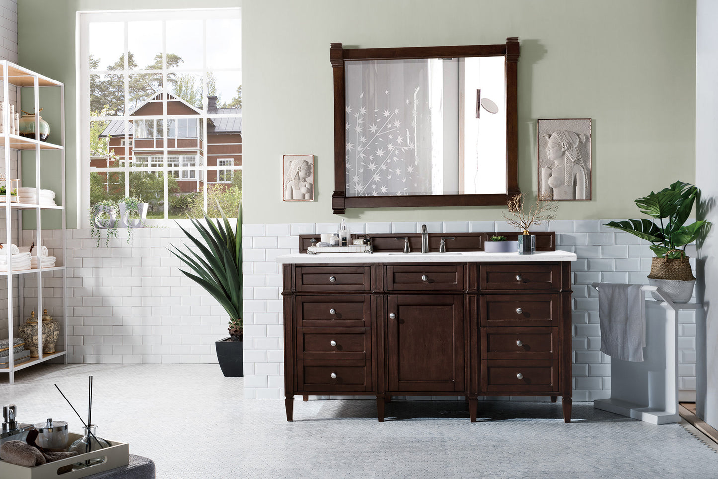 Brittany 60" Single Vanity, Burnished Mahogany w/ 3 CM Arctic Fall Solid Surface Top