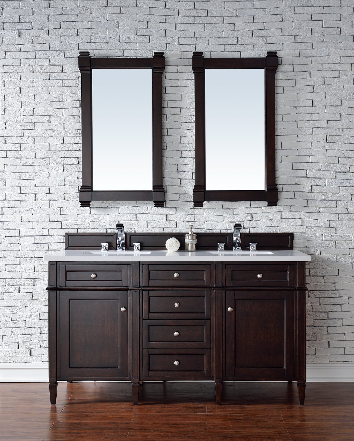 Brittany 60" Double Vanity, Burnished Mahogany w/ 3 CM White Zeus Quartz Top