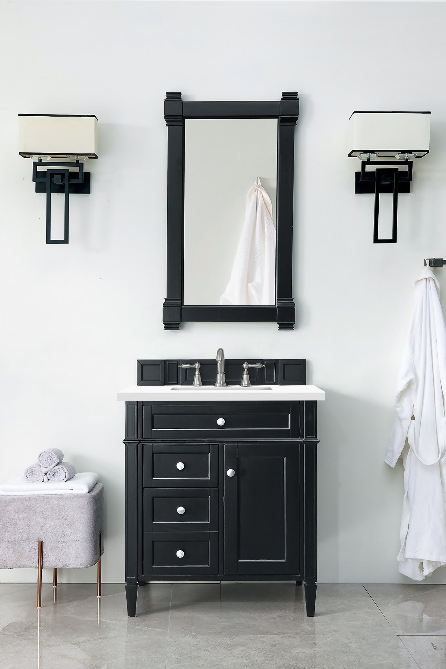 Brittany 30" Single Vanity, Black Onyx, w/ 3 CM White Zeus Quartz Top