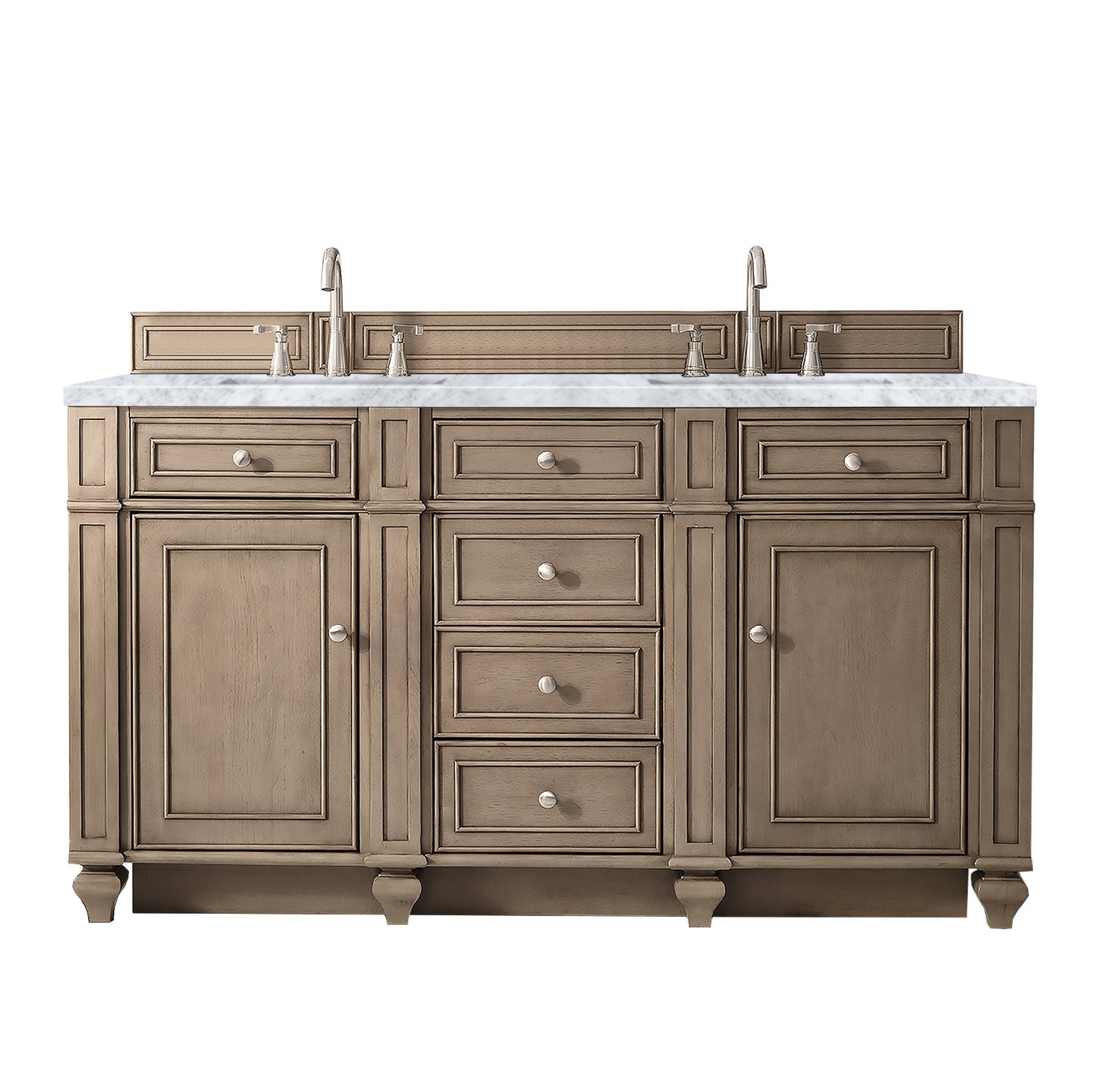 Bristol 60" Double Vanity, Whitewashed Walnut w/ 3 CM Carrara Marble Top