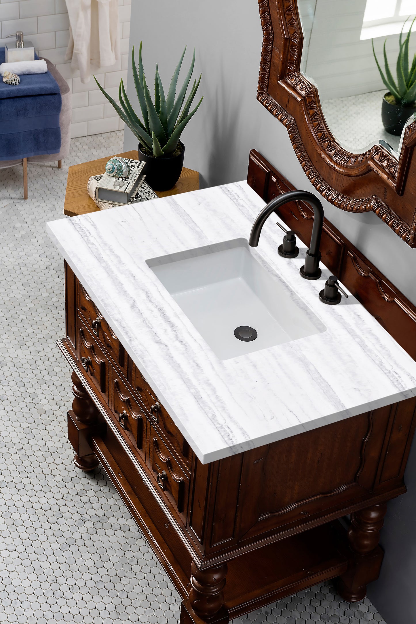 Castilian 36" Single Vanity, Aged Cognac w/ 3 CM Arctic Fall Solid Surface Top