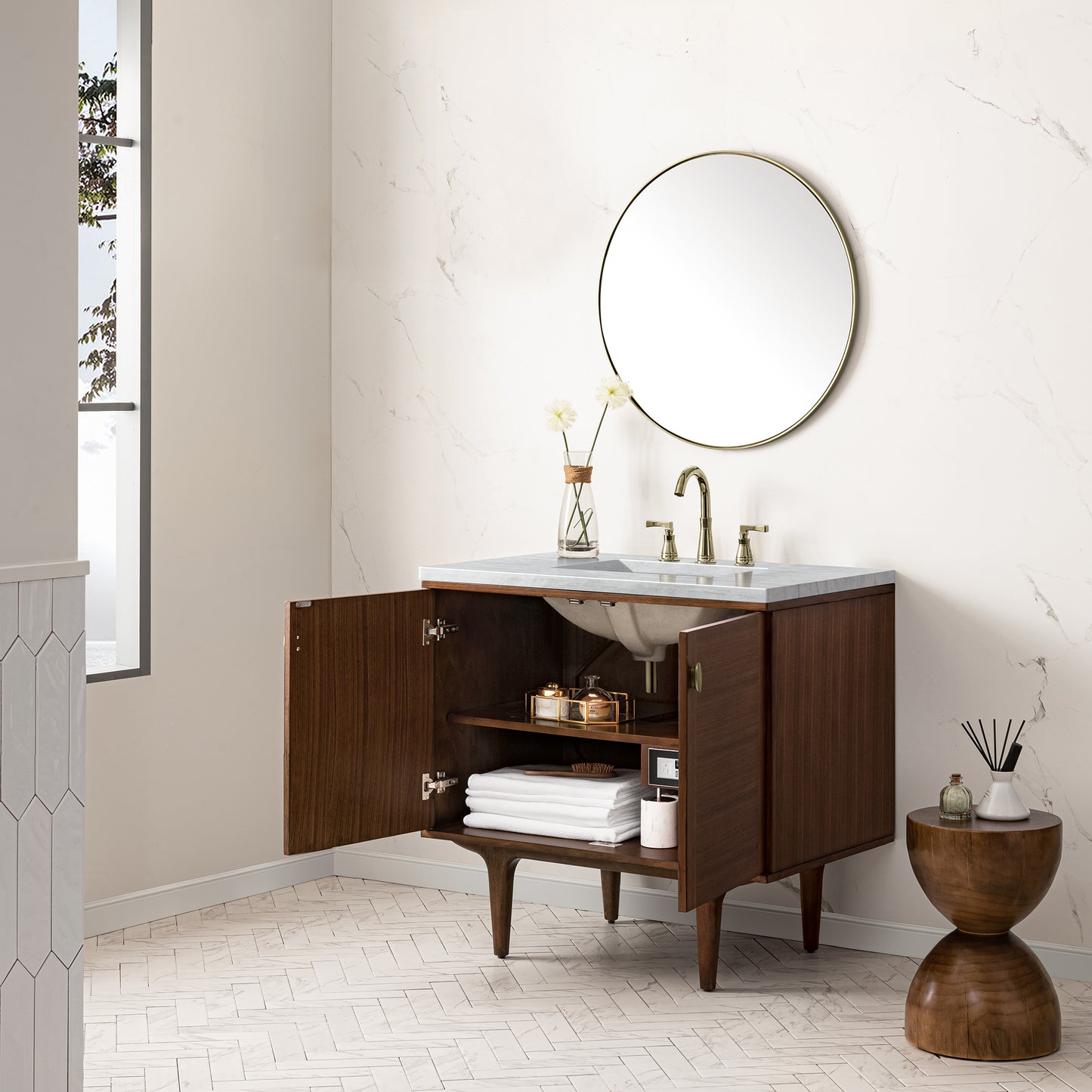 Amberly 36" Single Vanity, Mid-Century Walnut w/ 3 CM Arctic Fall Top