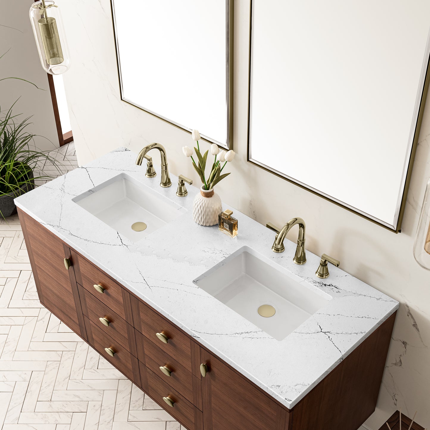 Amberly 60" Double Vanity, Mid-Century Walnut w/ 3 CM Ethereal Noctis Top